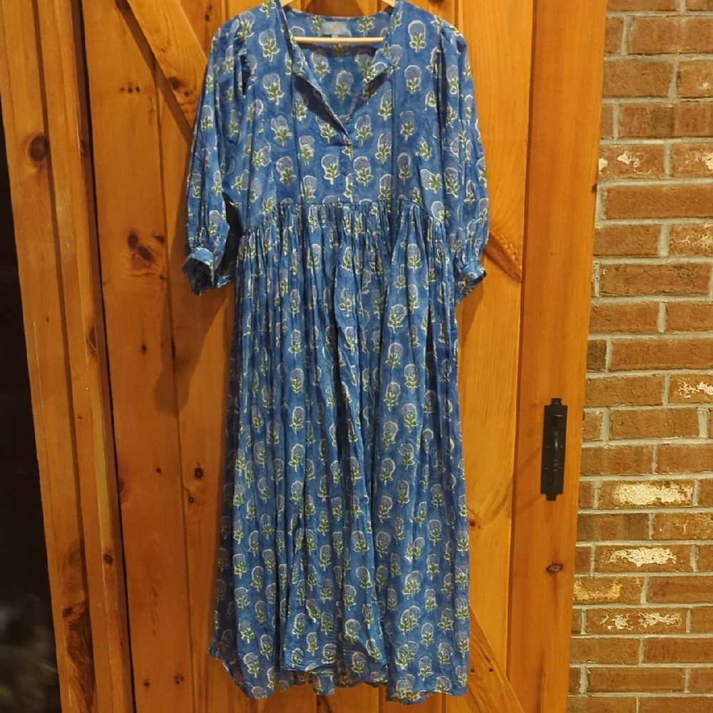 Blue Printed Peasant Midi Dress